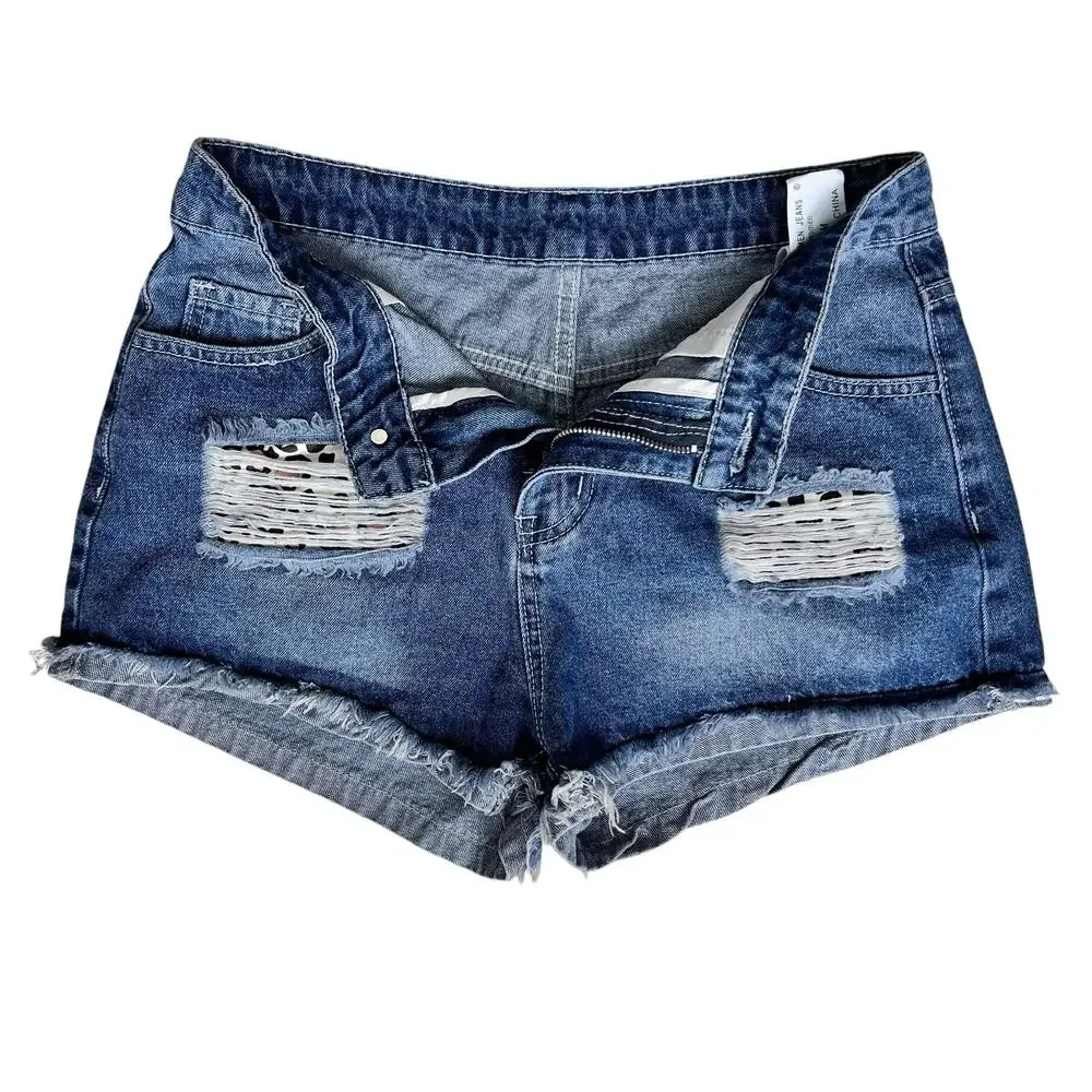 Womens Distressed Edgy‎ Jean Shorts Medium Leopard Pockets Frayed Hem Summer